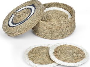 set de 6 dessous de verre dans une boite ronde en fibre naturelle