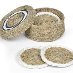 set de 6 dessous de verre dans une boite ronde en fibre naturelle