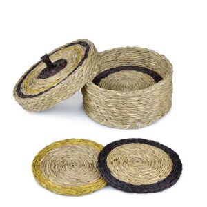 set de 6 dessous de verre et boite rond en fibre naturelle collection new terra