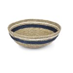 panière ronde couleur tabac avec une bande indigo et une bande blanche