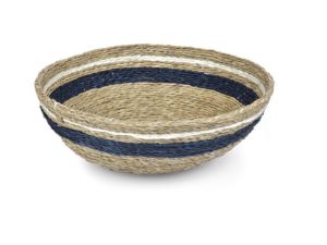 panière ronde couleur tabac avec une bande indigo et une bande blanche