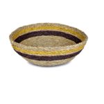 Panière ronde couleur tabac avec une bande marron et une bande moutarde