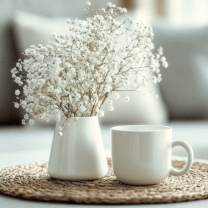 un mug et un bouquet de fleurs